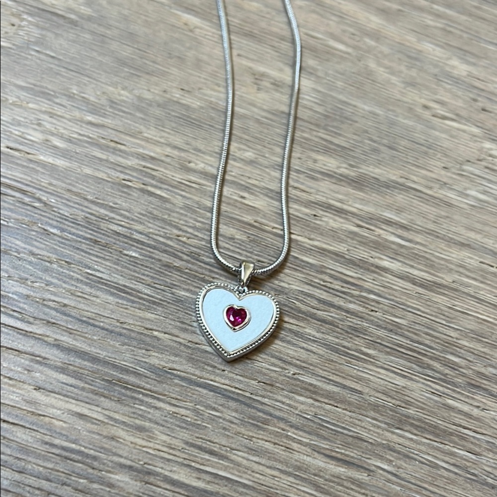 Silver Heart Necklace with Red Accent